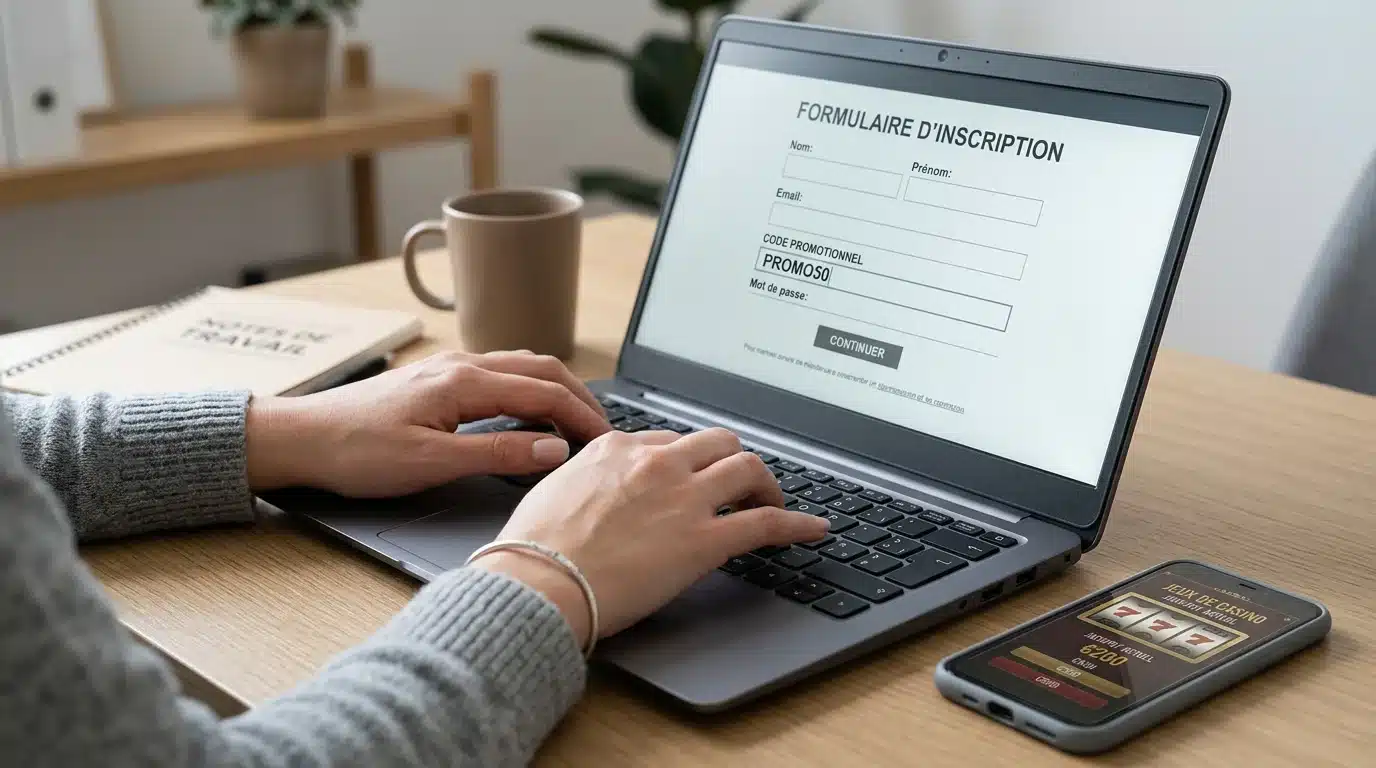 Personne saisissant un code promotionnel sur un formulaire d'inscription en ligne