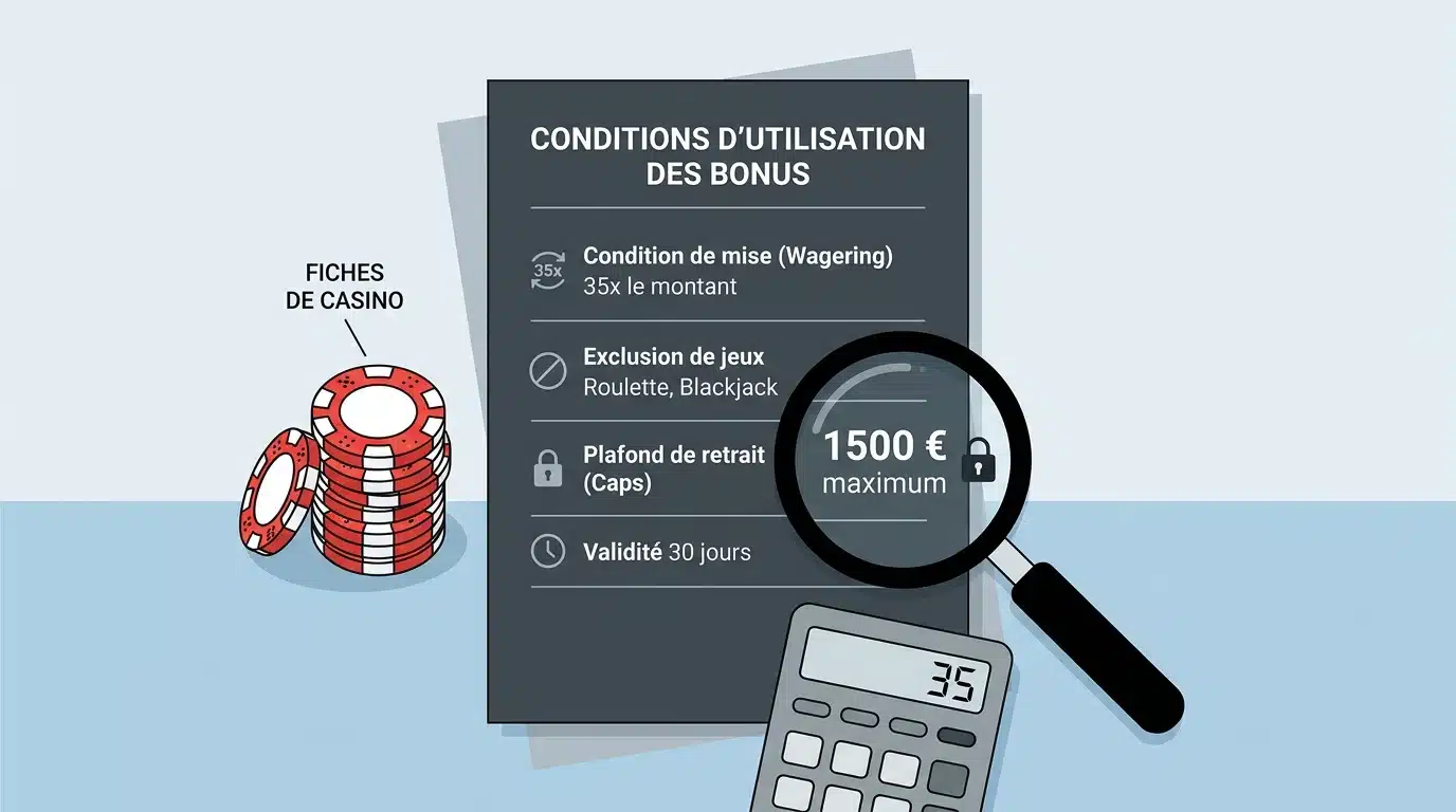 Illustration des conditions de mise et plafonds de retrait d'un bonus de casino
