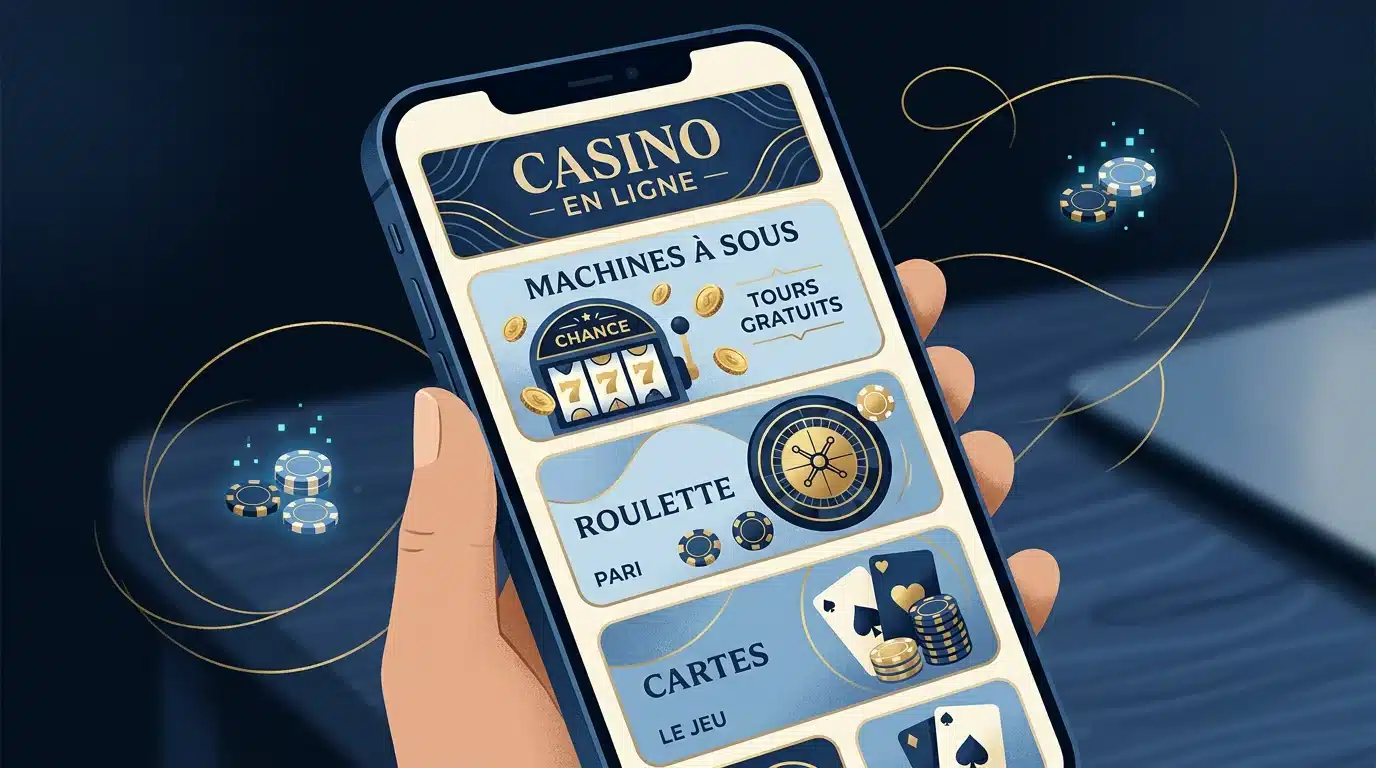 Écran de smartphone présentant les catégories de jeux d'un casino en ligne
