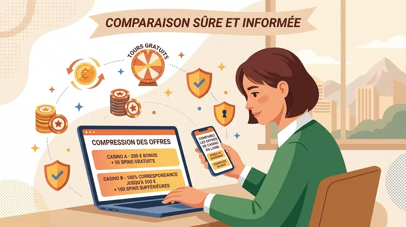Illustration d'un joueur comparant des offres de bonus de casino en ligne
