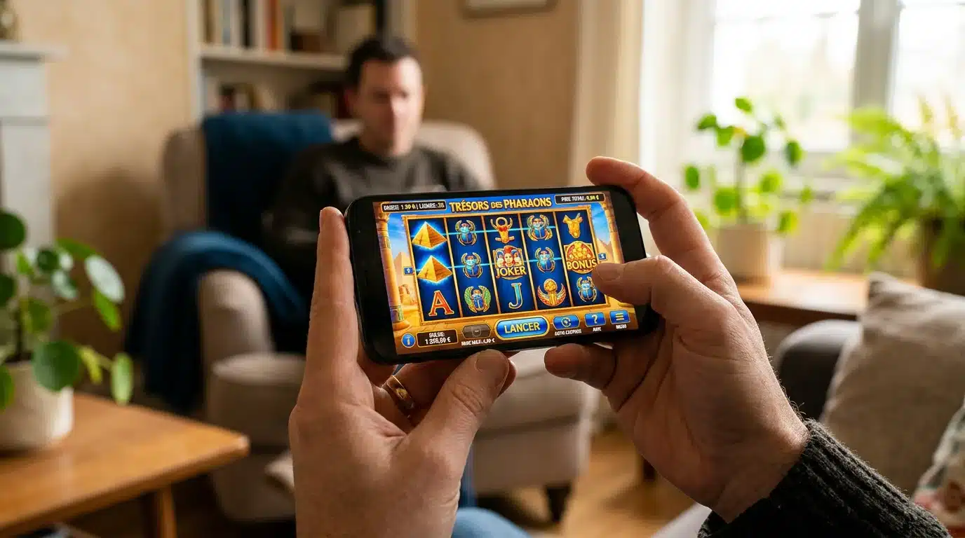 Joueur consultant un bonus de casino gratuit sur son smartphone