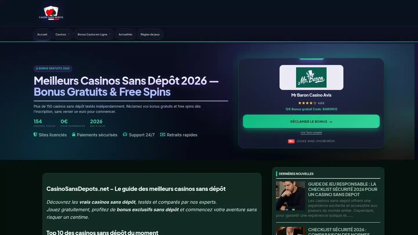 Capture de la page d’accueil de CasinoSansDepots.net