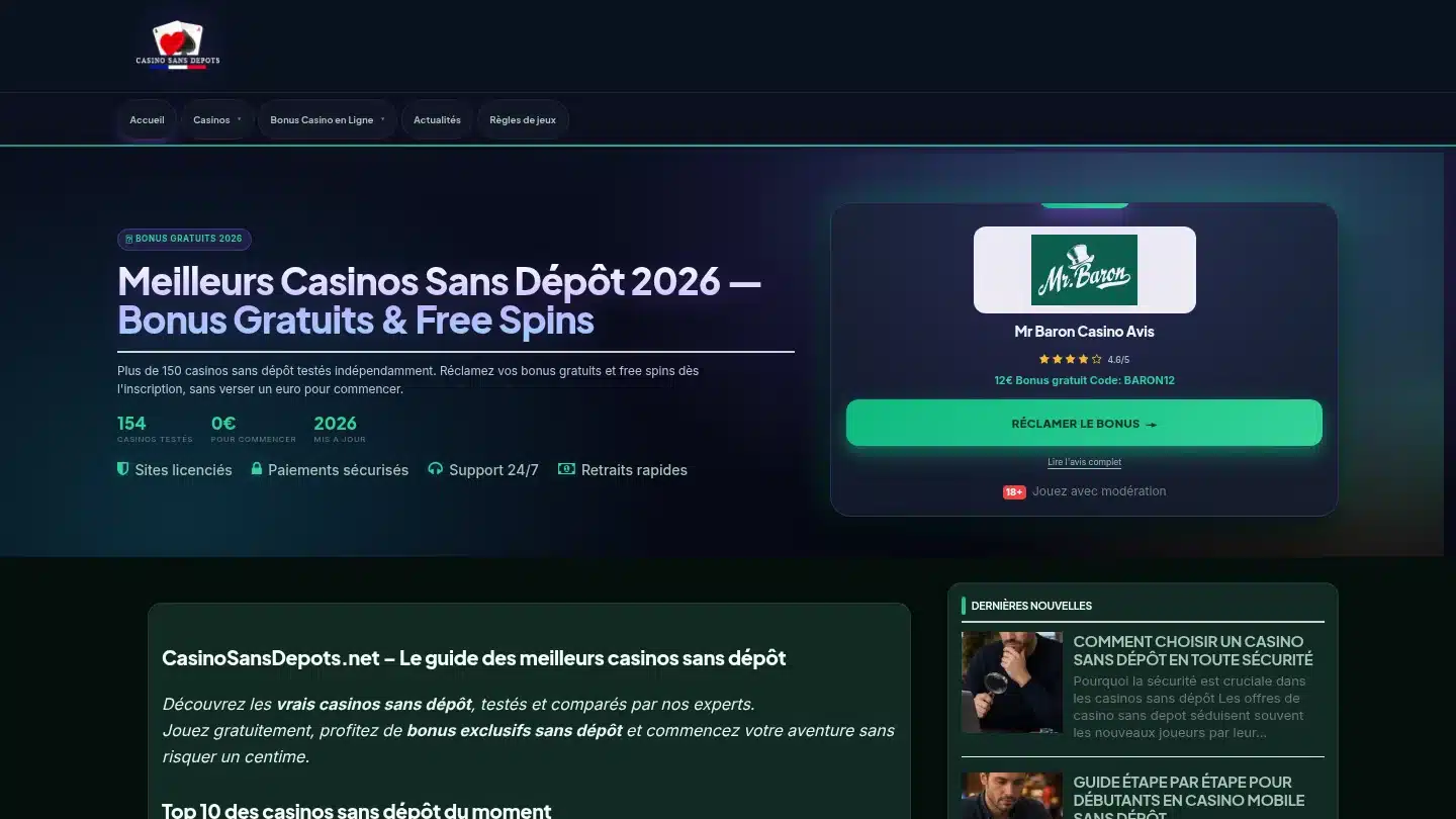 Capture de la page d’accueil de CasinoSansDepots.net