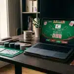 Ordinateur affichant une table de blackjack en ligne gratuit avec cartes et jetons