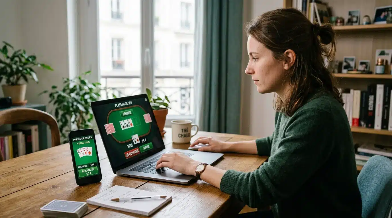 Joueur s'entraînant au blackjack gratuit sur ordinateur et smartphone