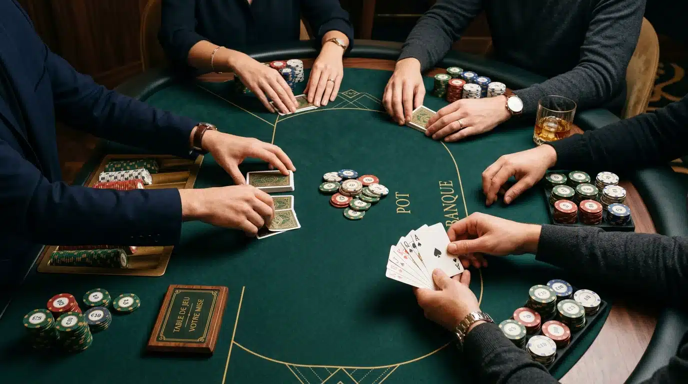 Table de blackjack avec cartes et jetons vue de dessus