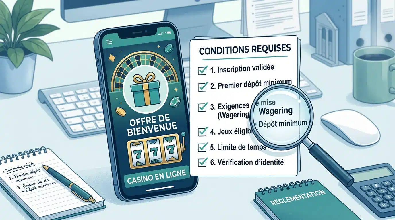 Illustration d'un joueur vérifiant les conditions d'un bonus sans dépôt sur mobile