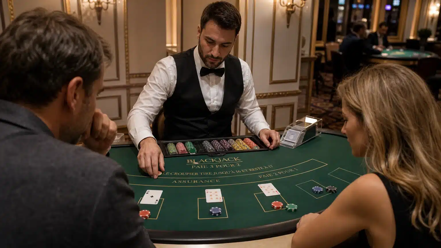 Table de blackjack avec croupier et joueurs