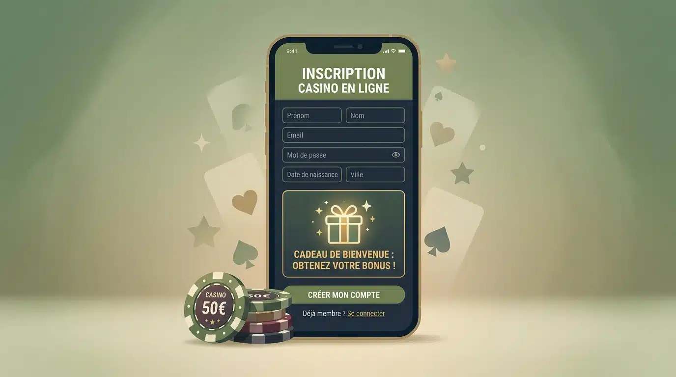 Illustration d'une inscription sur un casino en ligne avec une icône de bonus sans dépôt