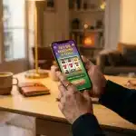 Joueur consultant une machine à sous en ligne sur son smartphone à domicile