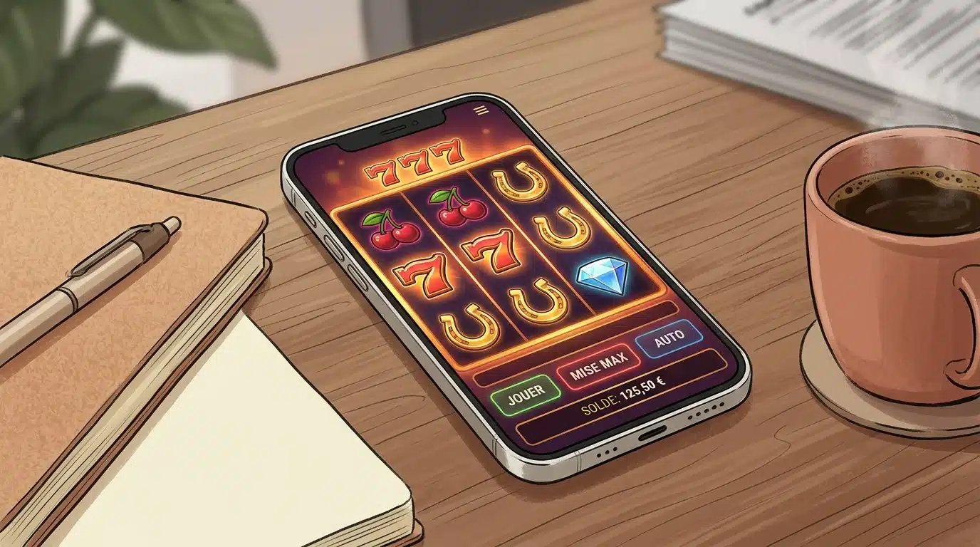 Machine à sous en ligne affichée sur un smartphone posé sur un bureau