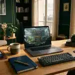 Bureau moderne avec ordinateur portable affichant une interface de jeu en ligne