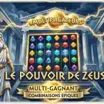 Illustration éditoriale de Zeus et d'une grille de gemmes dans un temple de l'Olympe