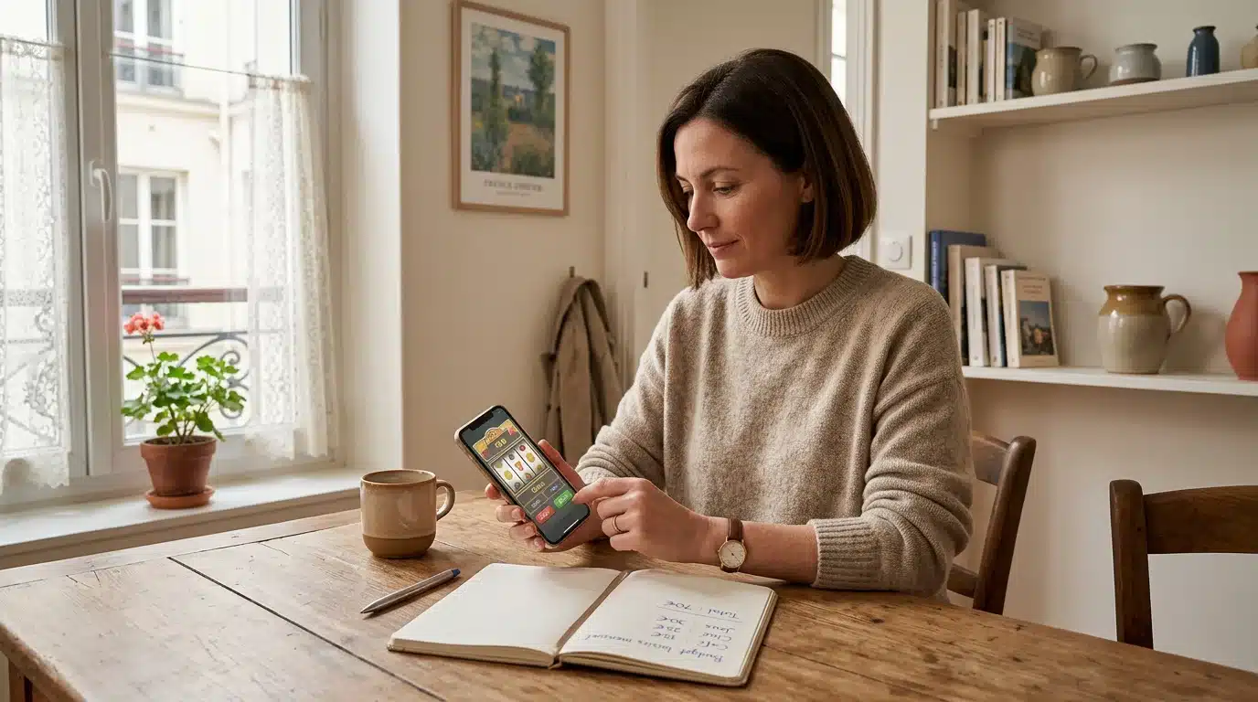 Personne jouant sur mobile avec un budget noté à côté, illustrant le jeu responsable