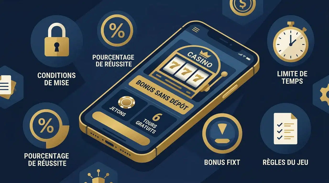 Illustration d'un bonus de casino en ligne sans dépôt sur smartphone avec ses conditions