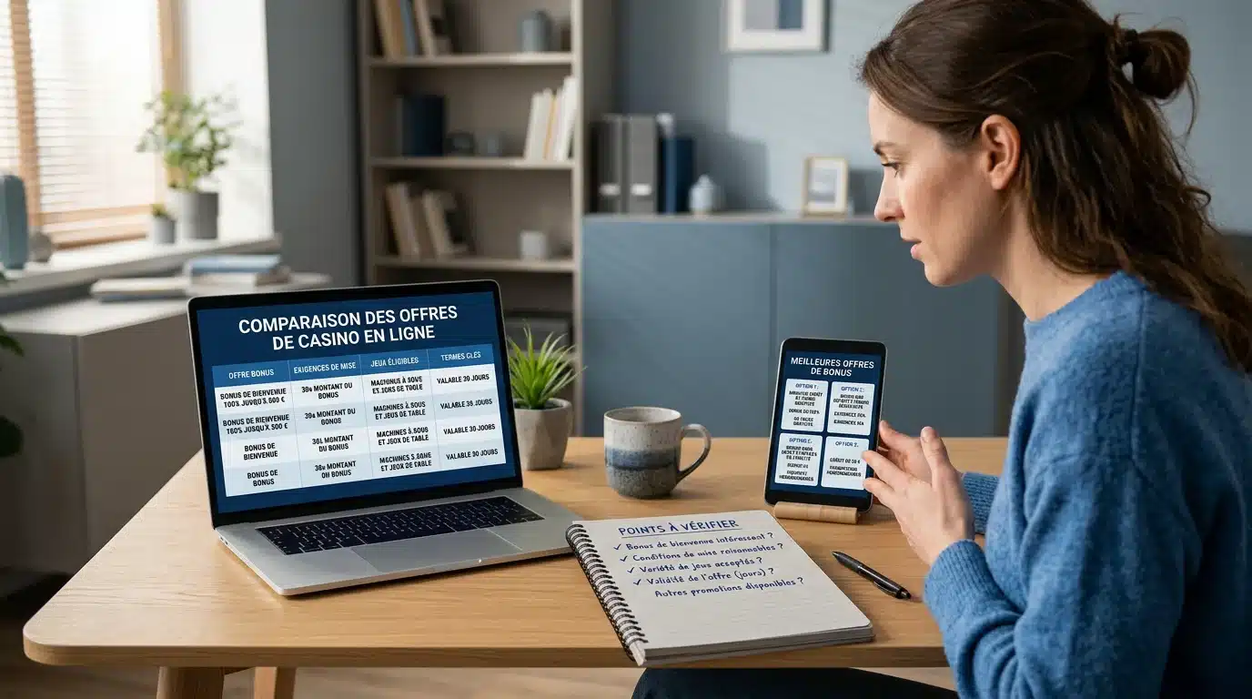 Personne comparant des offres de bonus sans dépôt sur ordinateur et mobile