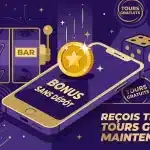 Illustration d'un bonus de casino sans dépôt crédité sur un smartphone avec pièces dorées