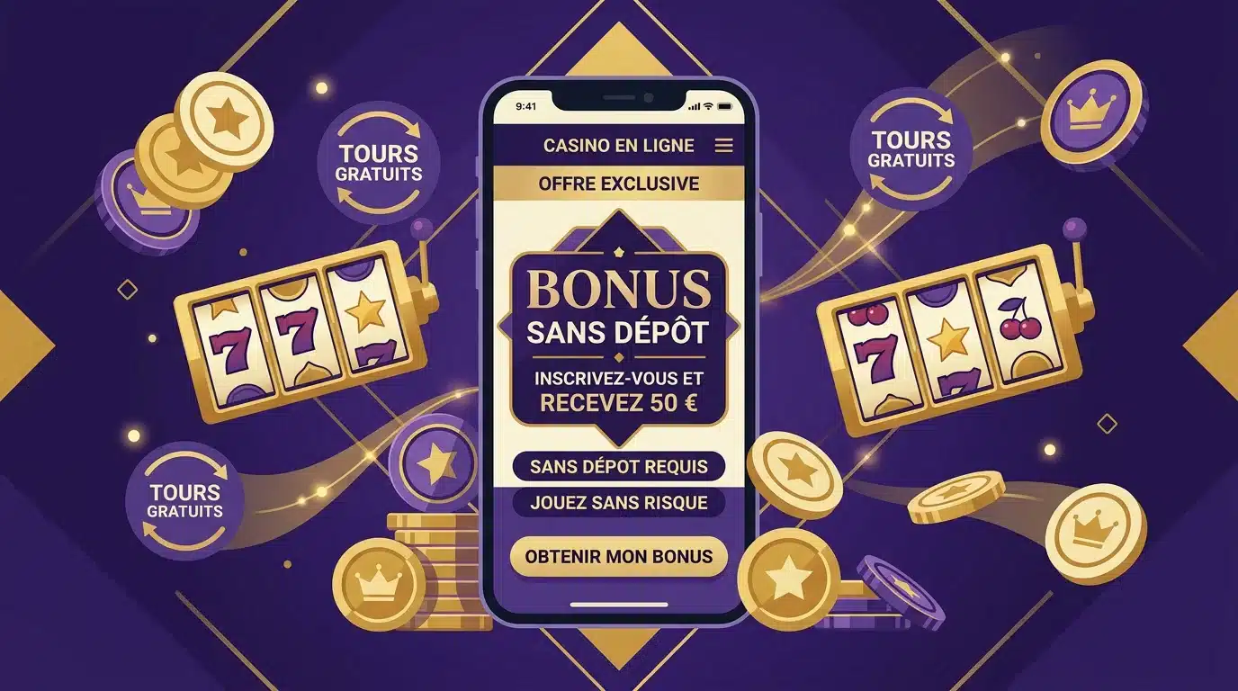 Illustration d'un bonus sans dépôt affiché sur un smartphone avec pièces et rouleaux de machine à sous
