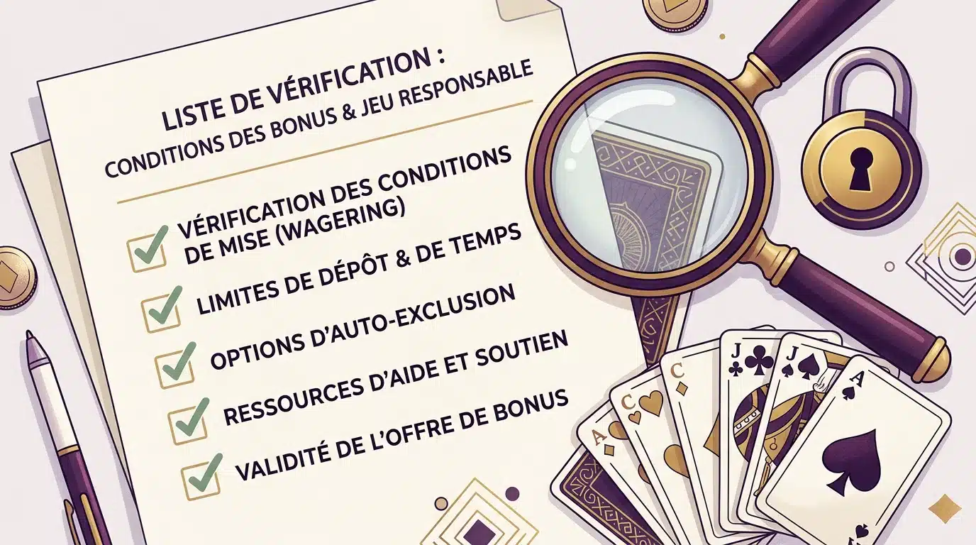 Liste de vérification des conditions d'un bonus de casino avec loupe et cadenas