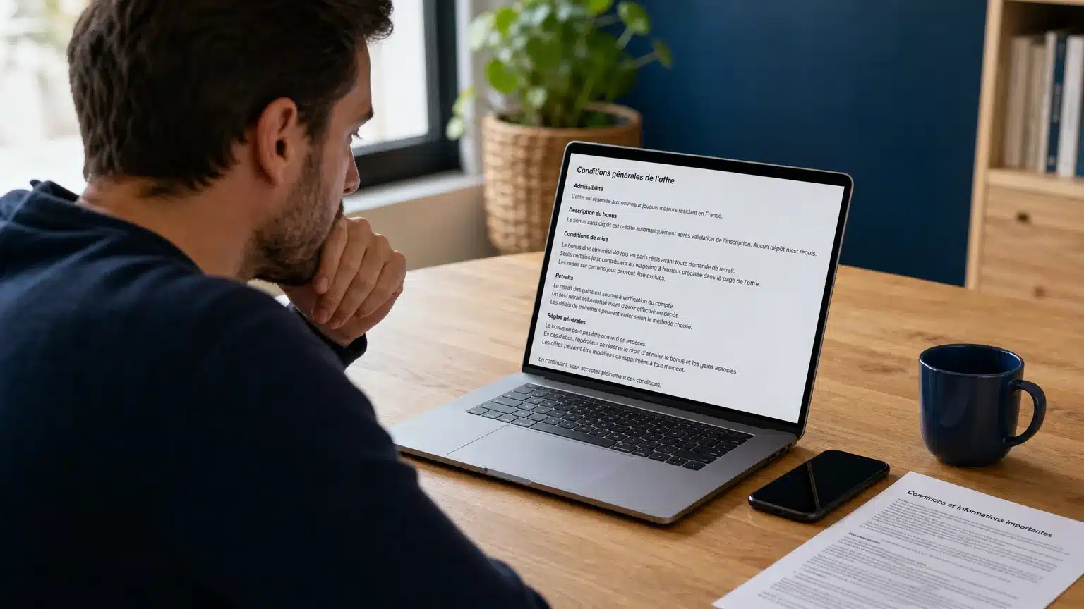 Personne adulte vérifiant les conditions d’un bonus sur ordinateur