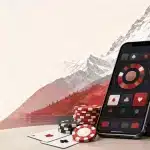 Illustration éditoriale d’un smartphone avec des éléments de casino génériques et un décor suisse abstrait