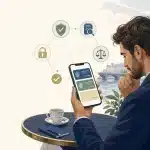 Illustration éditoriale d’un joueur français comparant prudemment des offres de casino sans dépôt sur un smartphone