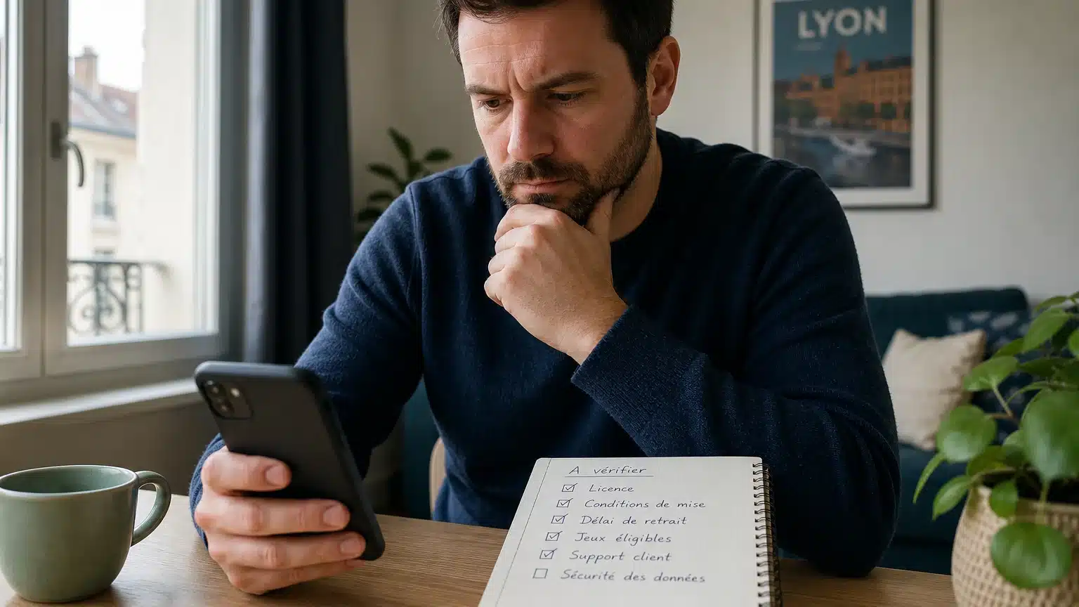 Joueur vérifiant les conditions d’un bonus sans dépôt sur smartphone