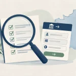 Illustration éditoriale d’une checklist de conditions de bonus et d’un document de retrait, avec un discret repère cartographique français.