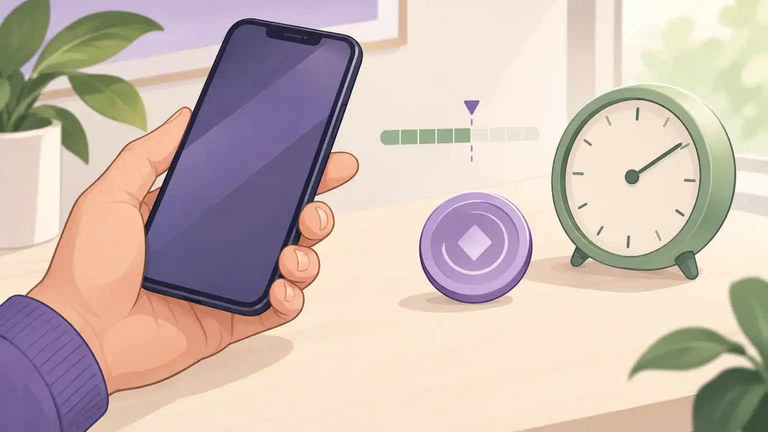 Téléphone, jeton numérique générique et horloge illustrant le moment de qualification à un code mystère