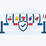 Illustration éditoriale de cinq rouleaux de machines à sous derrière une barrière symbolique aux couleurs de la France, pour évoquer la prudence réglementaire.